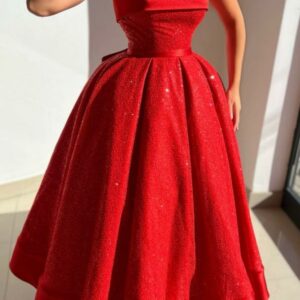 Strapless Red Sparkly Satin Ankle Length Party Dress with Bowknot