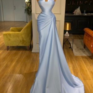 Strapless Ruched Satin Long Prom Dress with Side Sweep Train