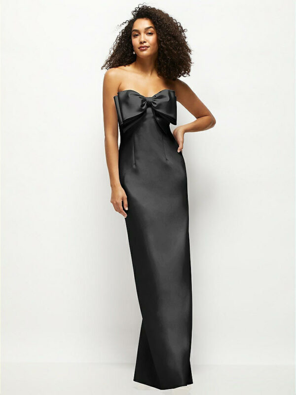 Strapless Satin Column Maxi Dress with Oversized Handcrafted Bow in Black