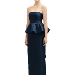 Strapless Satin Maxi Dress with Cascade Ruffle Peplum Detail in Midnight Navy