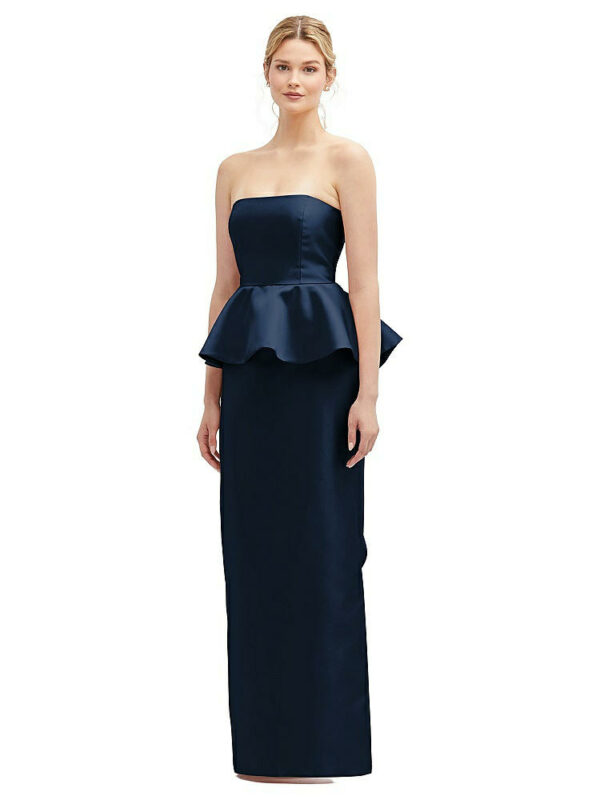 Strapless Satin Maxi Dress with Cascade Ruffle Peplum Detail in Midnight Navy