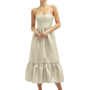 Strapless Satin Midi Corset Dress with Lace-Up Back & Ruffle Hem in Champagne