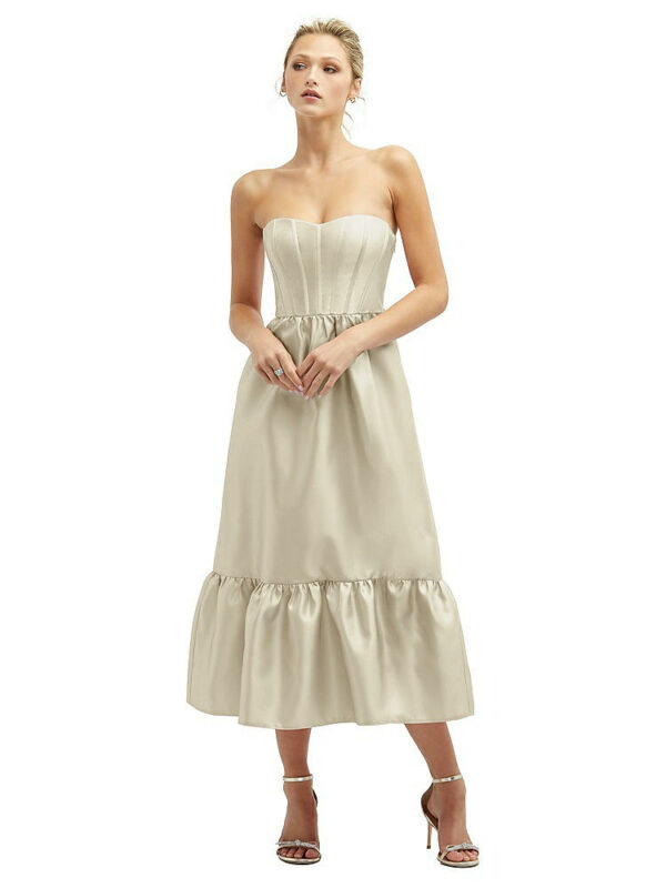 Strapless Satin Midi Corset Dress with Lace-Up Back & Ruffle Hem in Champagne