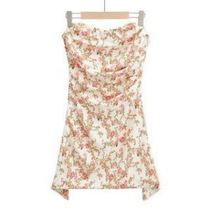 Strapless Satin Mini A-Line Dress Pink Floral - White - L