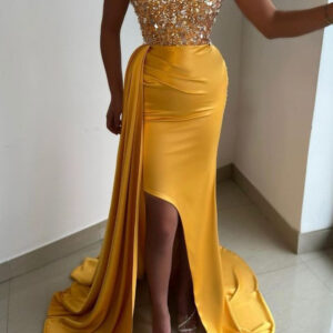 Strapless Sequins Side Slit Ruched Satin Yellow Prom Dress with Sweep Train