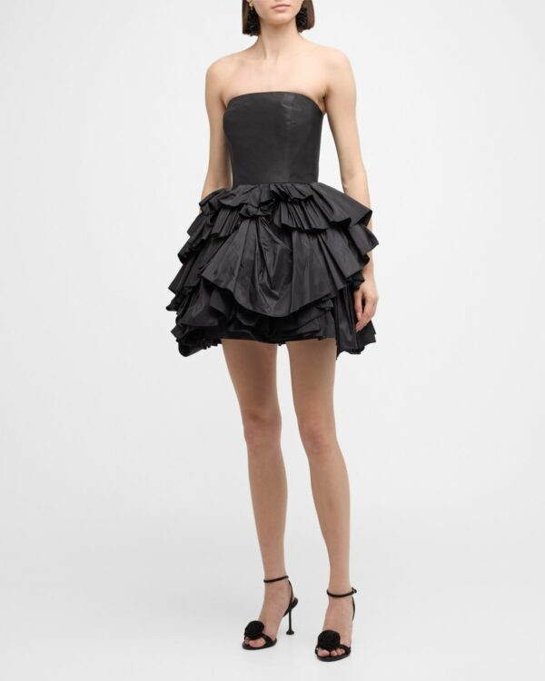 Strapless Tiered Ruffle Taffeta Mini Dress