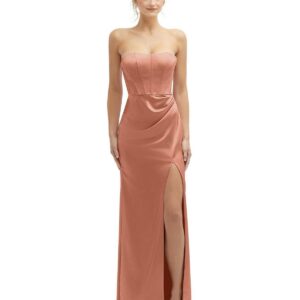 Strapless Topstitched Corset Satin Maxi Dress with Draped Column Skirt - Copper penny