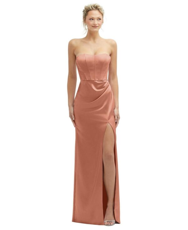 Strapless Topstitched Corset Satin Maxi Dress with Draped Column Skirt - Copper penny