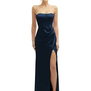 Strapless Topstitched Corset Satin Maxi Dress with Draped Column Skirt in Midnight Navy