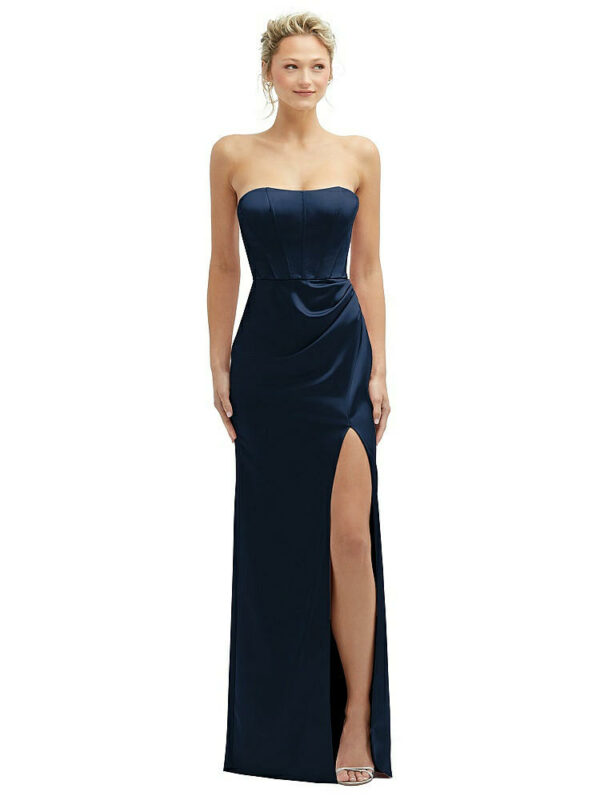 Strapless Topstitched Corset Satin Maxi Dress with Draped Column Skirt in Midnight Navy