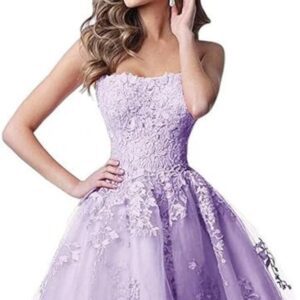 Strapless Tulle Lace Homecoming Dress Short Party Dress with Appliques