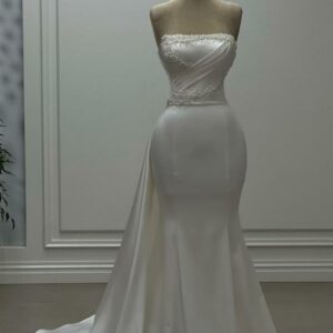 Strapless White Satin Beadings Mermaid Prom Dress with Sweep Train