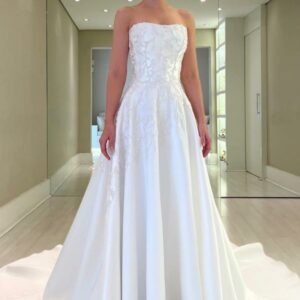 Strapless White Satin Wedding Dresses Floral Lace A-line Bridal Dress