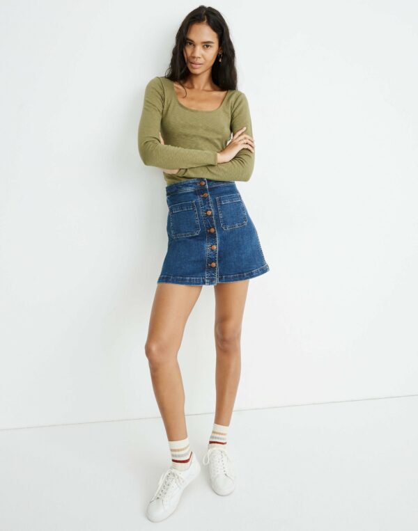 Stretch Denim A-Line Mini Skirt in Salisbury Wash: Patch Pocket Edition