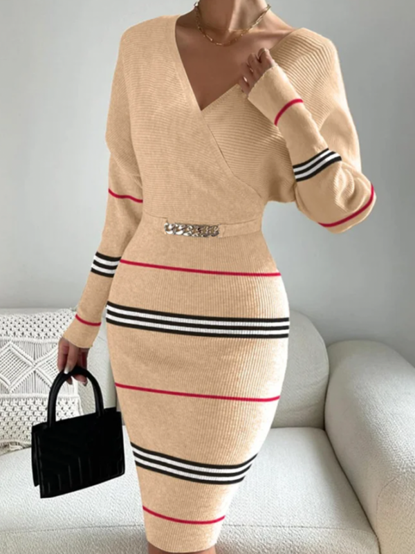 Striped Autumn Elegant Polyester Natural Daily Tight Midi Long Sleeve Sweater Dresses for Women