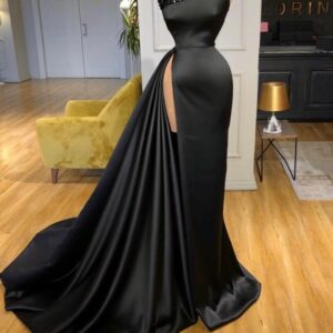 Stunning Black Glitter Beadings Long Prom Dress Strapless Evening Dress with Side Sweep Train