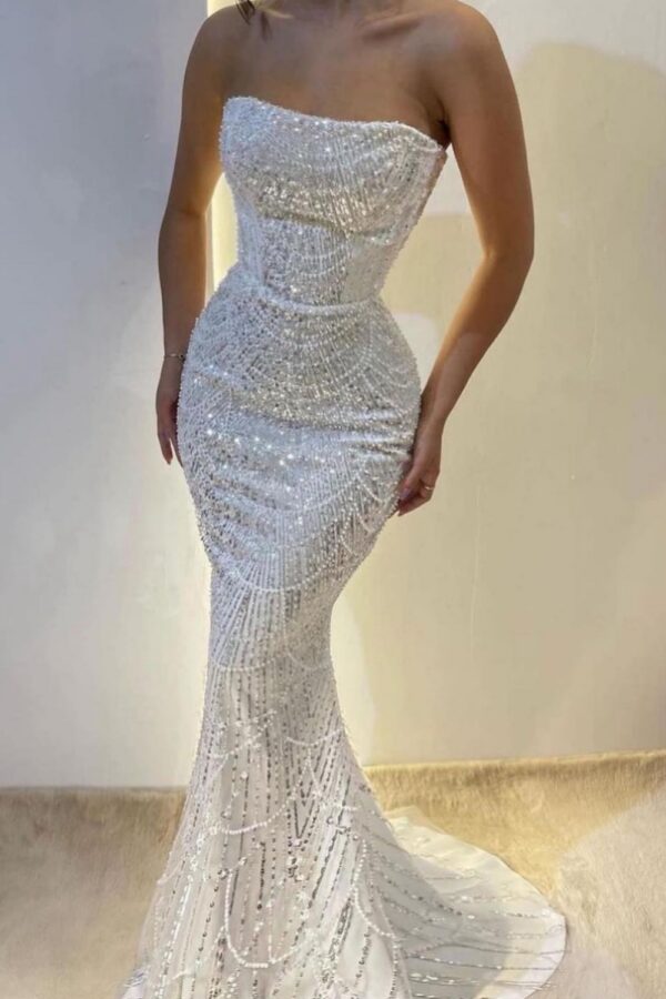 Stunning Strapless Sequins Mermaid Prom Dress Pearls Evening Dress with Beadings