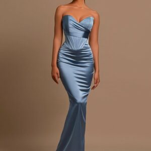 Stunning Sweetheart Satin Mermaid Prom Dress Dusty Blue Strapless Long Evening Party Dress