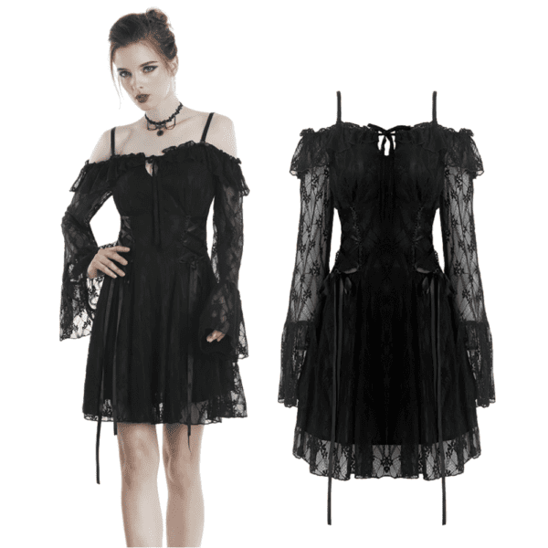 Stylish Off-Shoulder Lace-Up Mini Dress - Dark Romance