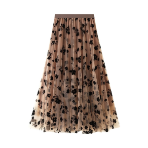 Stylish Women's High Waist Skirt with Embroidered Flowers / Fashion Midi Long Skirt of Mesh Tulle