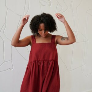 Summer Burgundy Red Dress - Linen Linen Midi Loose Simple Pinafore