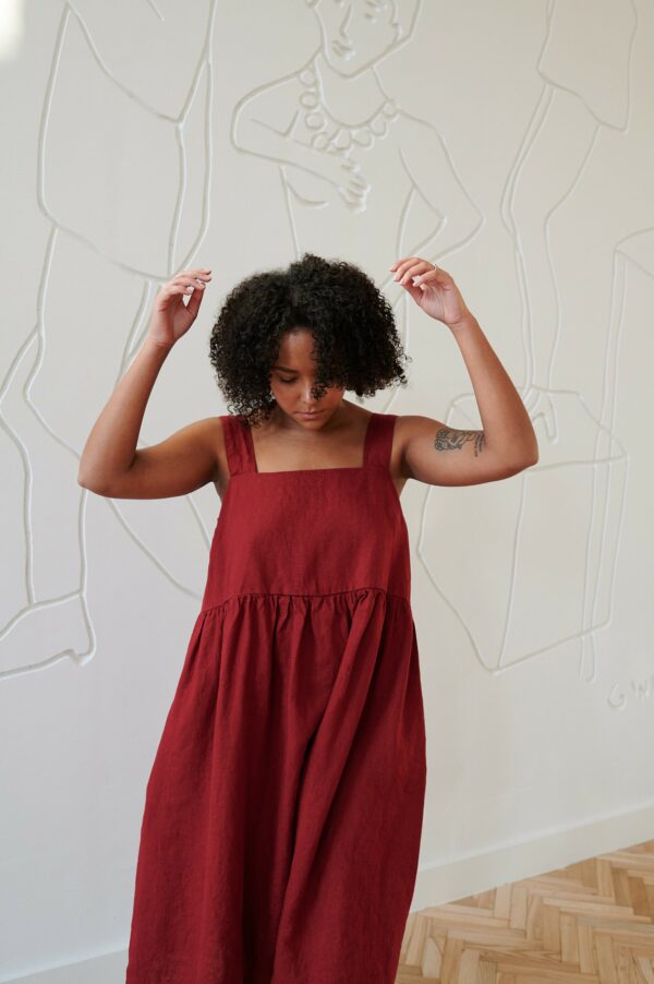 Summer Burgundy Red Dress - Linen Linen Midi Loose Simple Pinafore