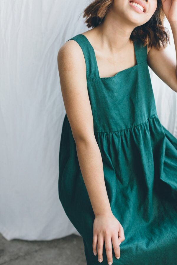 Summer Emerald Green Dress - Linen Linen Midi Loose Simple Pinafore