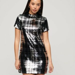 Superdry Women's High Neck Sequin T-Shirt Dress Silver / Check Sequin - Size: 14