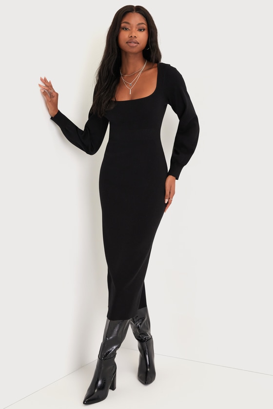 Sweater Life Black Balloon Sleeve Midi Sweater Dress