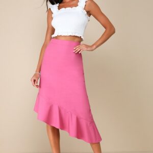 Sweet Destiny Pink Asymmetrical Ruffled Midi Skirt