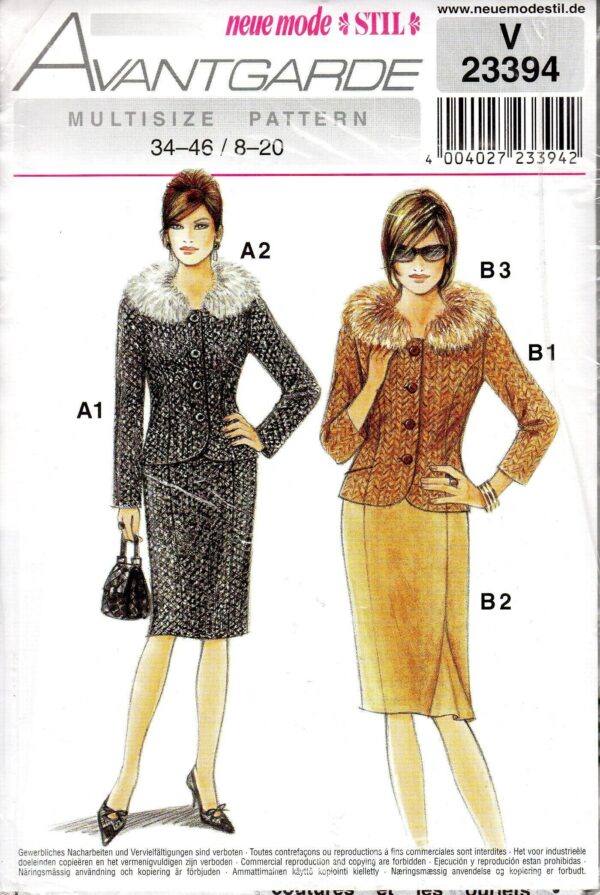 Sz 8 To 20 - Neue Mode Pattern V23394 Misses' Button Front Jackets & Straight Skirts With Godet in Two Options Avantgarde