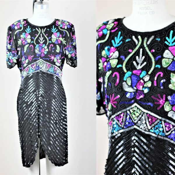 Sz L// Tulip Skirt Sequin Dress// Colorful Cocktail Dress// Beads