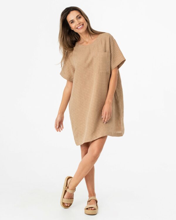 T-shirt linen dress MIJAS in Brown windowpane