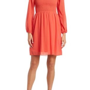 TASH AND SOPHIE Smock Chiffon Long Sleeve Dress in Coral at Nordstrom Rack, Size Small