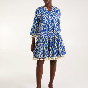 Tassel & Shell Neck Smock Dress - S / BLUE