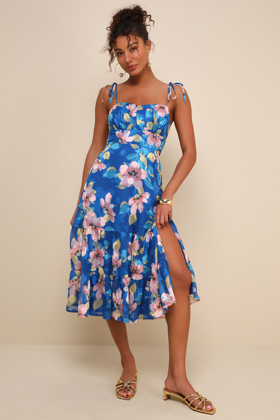 Tea Party Chic Blue Floral Print Tie-Strap Tiered Midi Dress