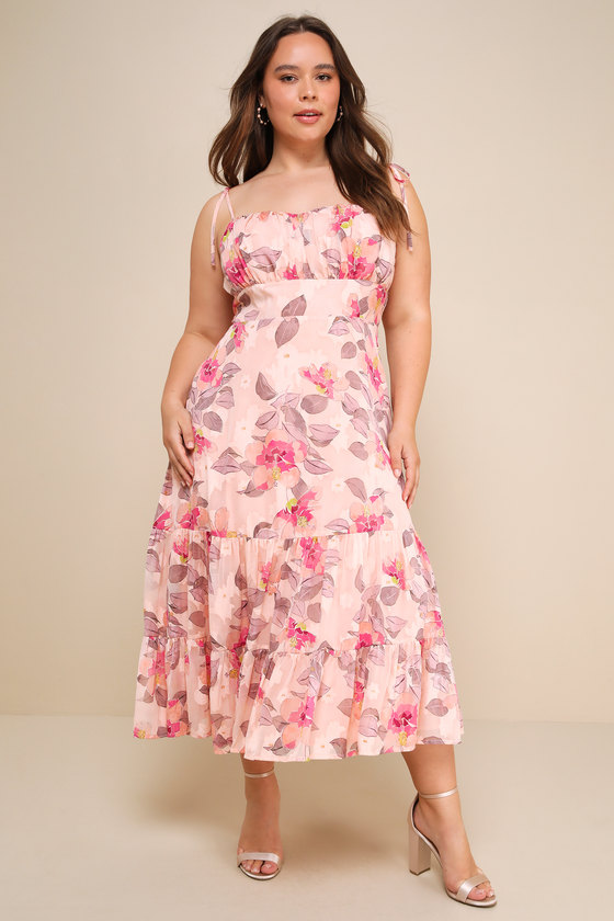 Tea Party Chic Pink Floral Print Tie-Strap Tiered Midi Dress