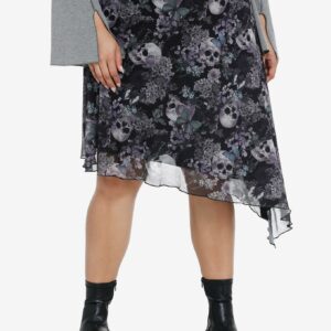 Thorn & Fable Skulls & Flowers Asymmetrical Midi Skirt Plus Size