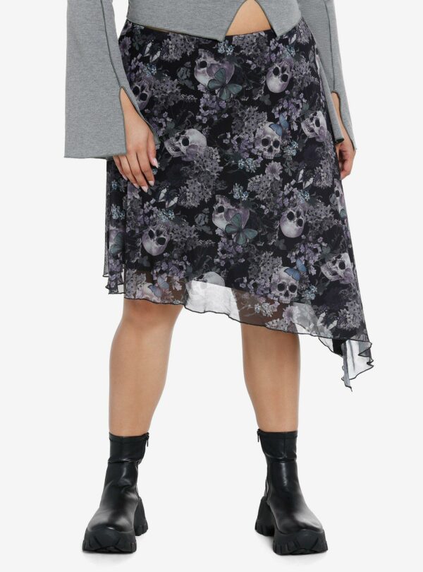 Thorn & Fable Skulls & Flowers Asymmetrical Midi Skirt Plus Size