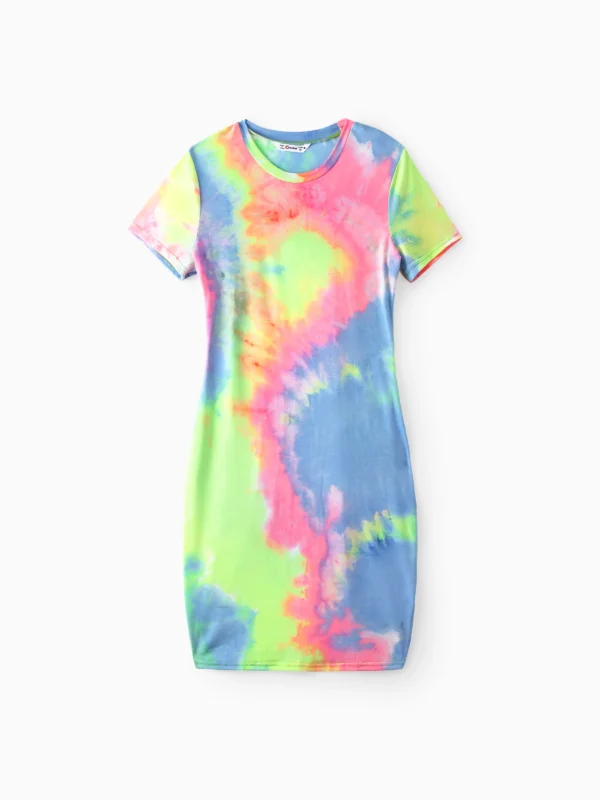 Tie Dye Short-sleeve Bodycon T-shirt Dress for Mom and Me