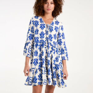 Tie Front Smock Dress - S / BLUE