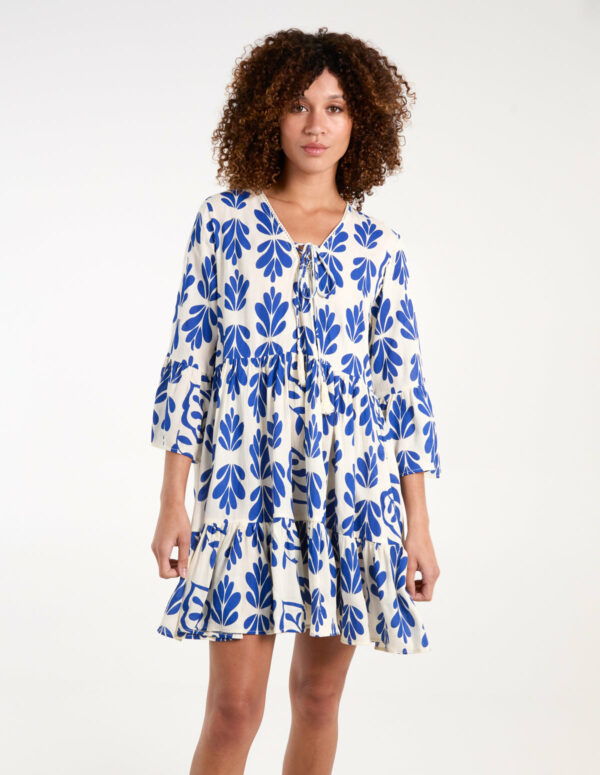 Tie Front Smock Dress - S / BLUE