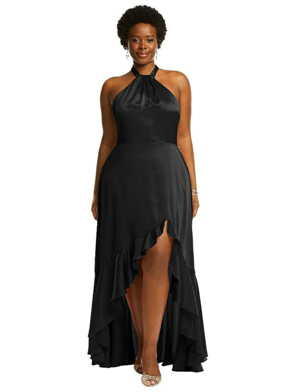 Tie-Neck Halter Maxi Dress with Asymmetric Cascade Ruffle Skirt in Black