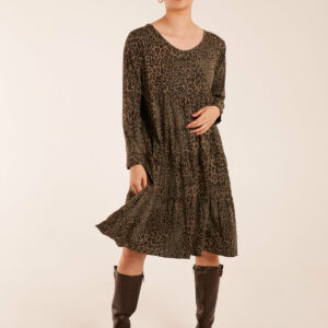 Tiered Leopard Roll Sleeve Smock Dress - ONE / KHAKI