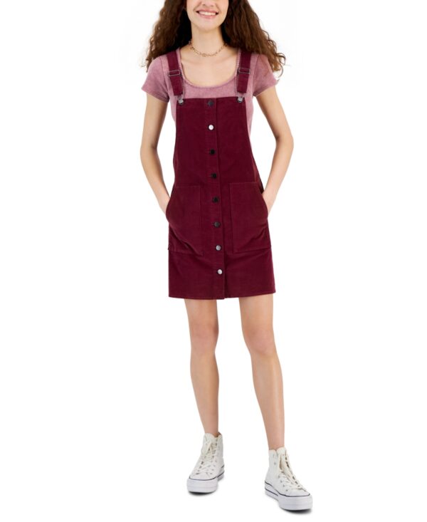 Tinseltown Juniors' Retro Velvet Button-Front Pinafore Dress - Burgundy