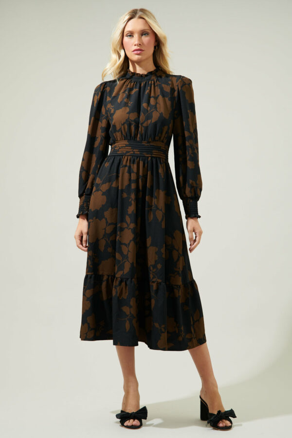 Toffee Floral Caitlyn Smock Sleeve Midi Dress