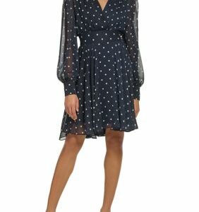 Tommy Hilfiger Women's Long Sleeve V-Neck Smock Waist Chiffon Dot Fit and Flare Dress, 2