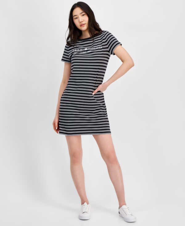 Tommy Hilfiger Women's Striped Logo Short-Sleeve T-Shirt Dress - Charcoal