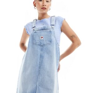 Tommy Jeans denim pinafore dress in light wash-Blue