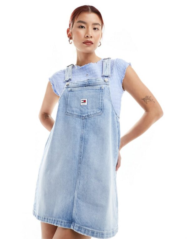 Tommy Jeans denim pinafore dress in light wash-Blue